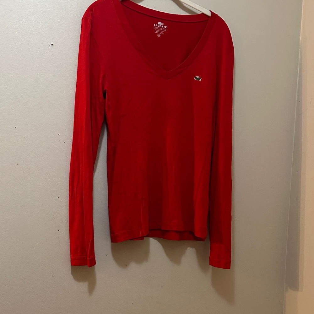 Vintage Lacoste Women's V-Neck Red Blouse Top